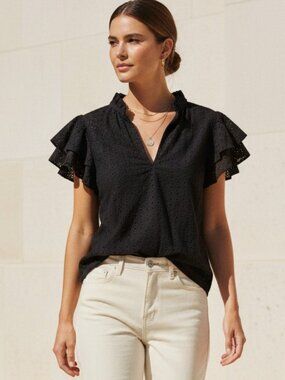 Tuckernuck Colee Blouse Black Eyelet Cotton Flutter Sleeve XL NWT